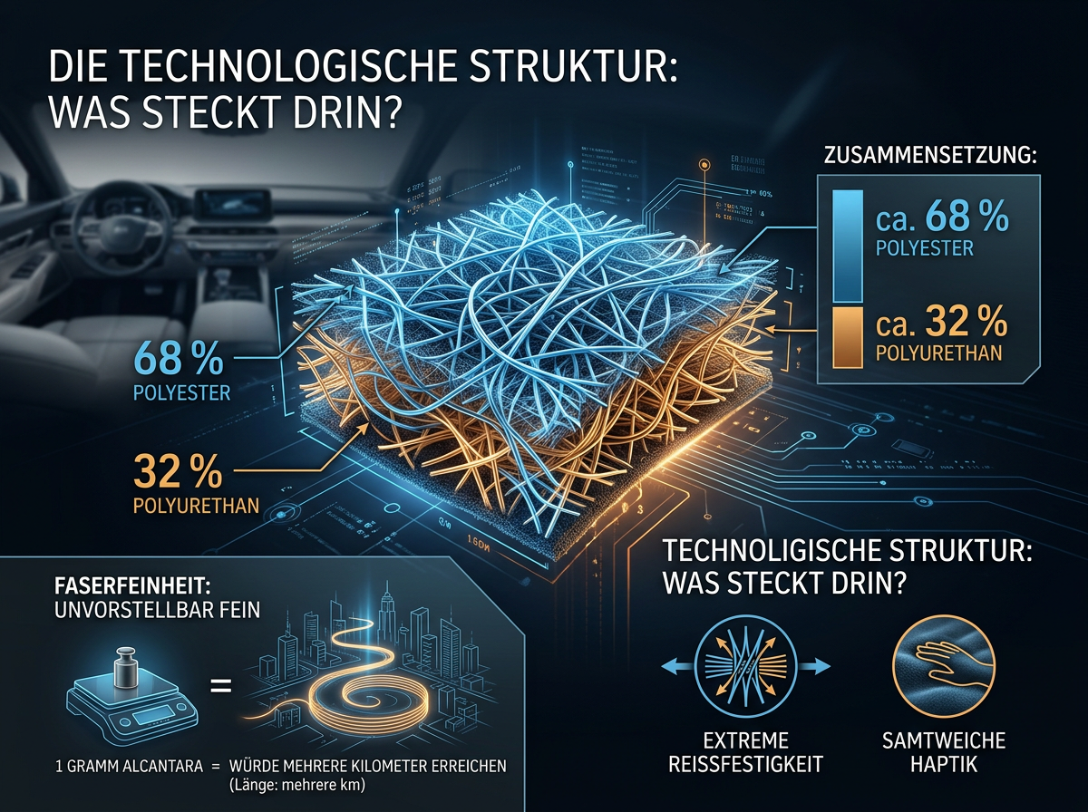 Technologische Analyse der Alcantara Struktur Schemazeichnung der Alcantara-Faserstruktur mit Fokus auf Polyester- und Polyurethananteilen.