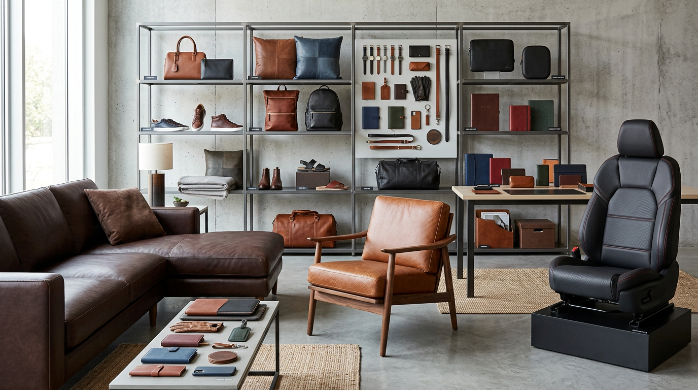 Faszination Leder: Große Auswahl an nachhaltigen Lederprodukten wie Sofas, Taschen und Autositzen in Deutschland.