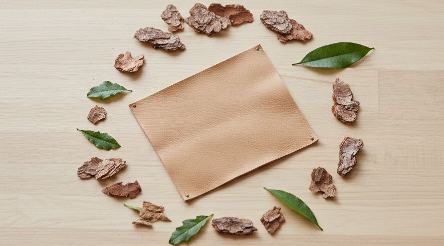 Nachhaltiges Leder: Die Kunst der Gerbung Beiges Ledermuster im Kreis aus Baumrinde und Blättern. Symbol für ökologische Ledergerbung.