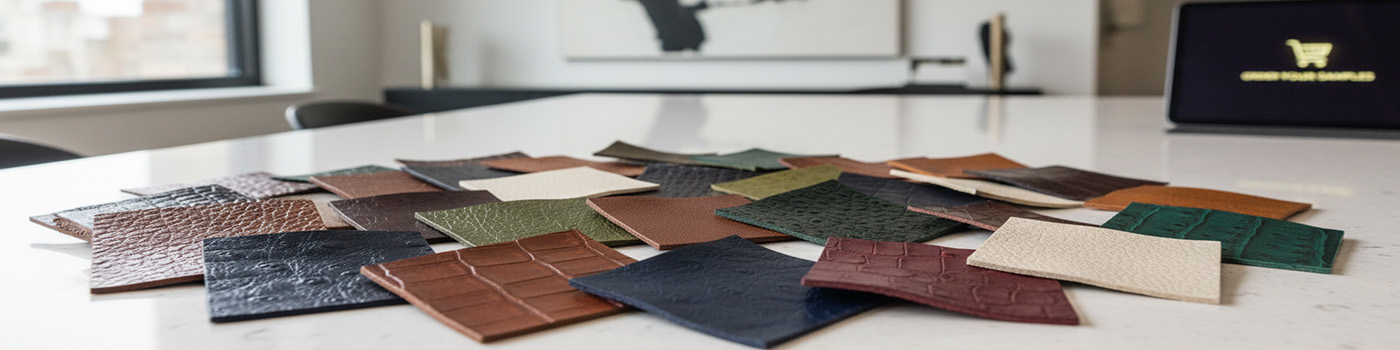 Muster bestellen – Prüfen Sie Haptik und Farbe Ihrer Materialauswahl vorab Auswahl verschiedener Lederproben und Stoffmuster zur haptischen Prüfung und präzisen Farbabstimmung für Ihr individuelles Projekt.