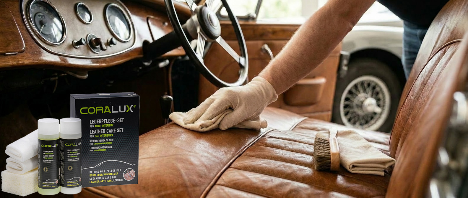 Reinigung von Oldtimerleder in Classic Cars mit CORALUX – Pflege für echtes, kopfgefärbtes Leder im Daimler-Benz.