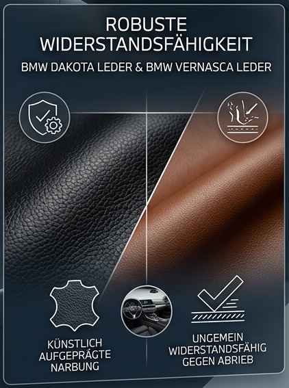 Eigenschaften von BMW Dakota Leder und Vernasca Leder: Künstlich aufgeprägte Narbung gegen Abrieb auf projektleder.de Robuste Eigenschaften von BMW Dakota Leder und Vernasca Leder mit künstlich aufgeprägter Narbung gegen Abrieb.