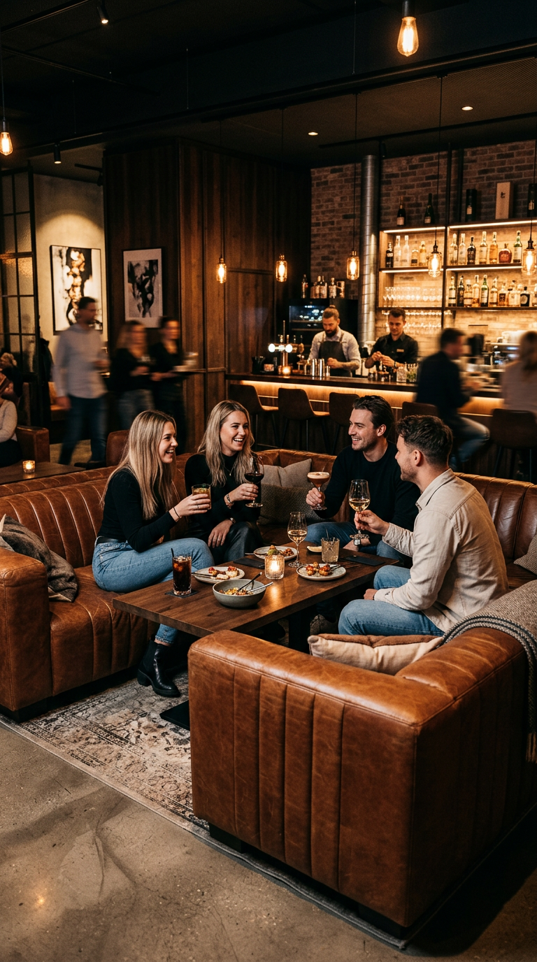 Chesterfield Gastronomieleder fuer Lounges und Bars Gemuetliche Restaurant Lounge mit einer exklusiven Sitzecke aus cognacfarbenem Gastronomieleder im Chesterfield Design