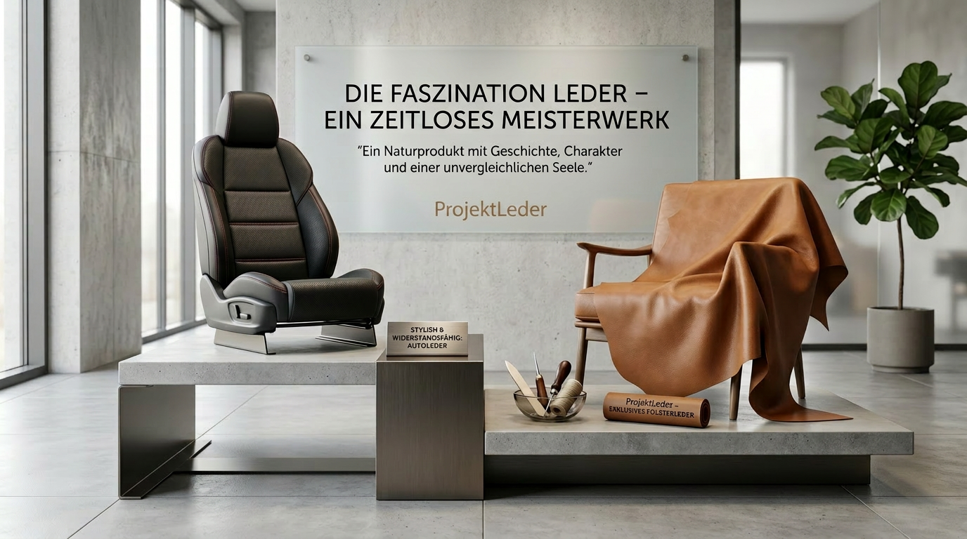 ProjektLeder: Exklusive Autoleder & Polsterleder für Deutschland – Ein zeitloses Meisterwerk aus echtem Naturprodukt. Hochwertiges ProjektLeder: Ein schwarzer Autositz und braunes Polsterleder in einer modernen Design-Ausstellung in DE.