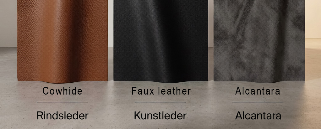 Welches Material für welchen Zweck? Der direkte Vergleich zwischen Rindsleder, Kunstleder und Alcantara. Vergleich von Rindsleder, Kunstleder und Alcantara für Polsterarbeiten und hochwertigen Möbelbau.