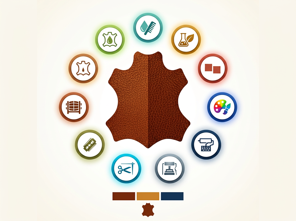 Infografik zur Lederherstellung: 10 bunte Symbole veranschaulichen im Kreis die Veredelungsschritte von der Rohhaut bis zum fertigen Produkt. Im Zentrum steht ein braunes Leder-Icon auf hellem Grund.