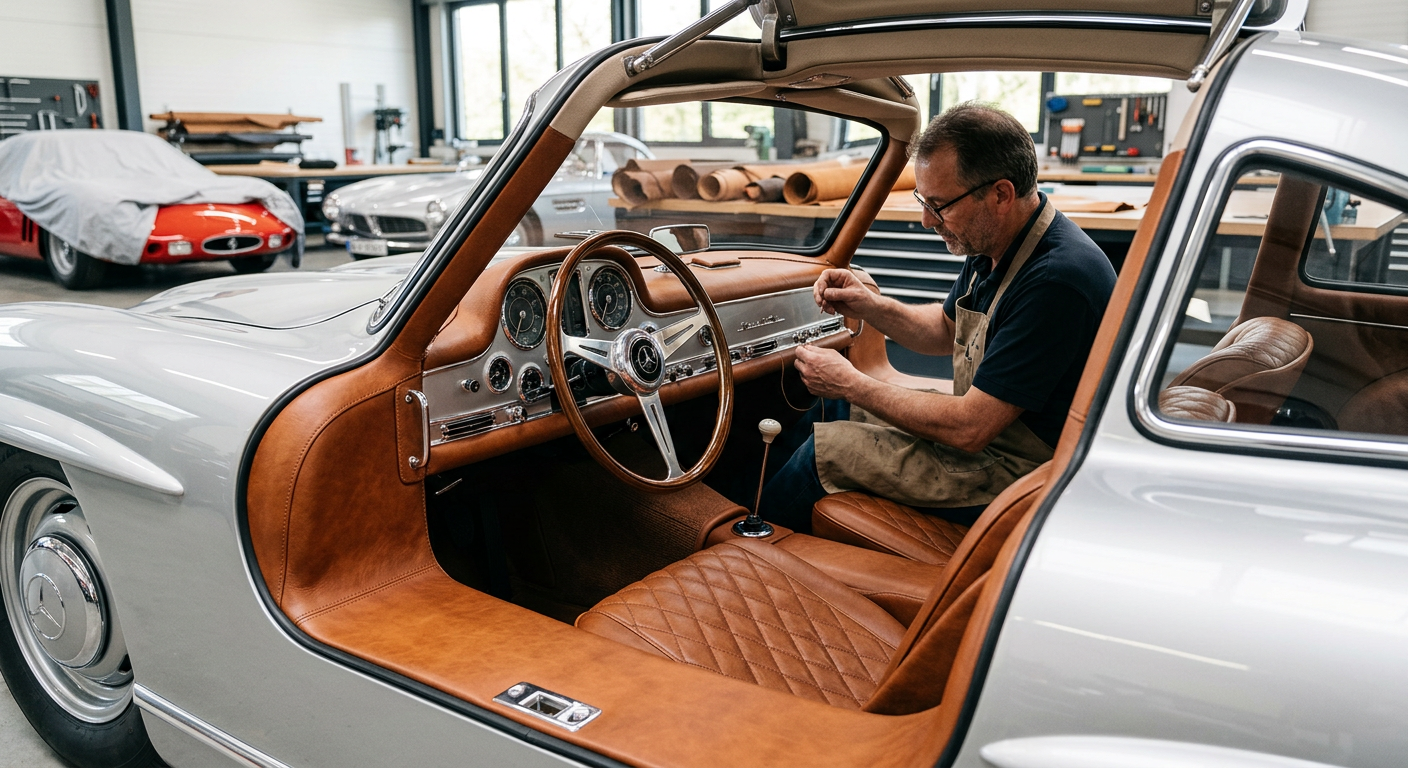Meisterhaftes Sattlerhandwerk: Leder-Veredelung im Oldtimer Ein erfahrener Sattler bei der präzisen händischen Leder-Restaurierung im Innenraum eines silbernen Mercedes-Benz Flügeltürers.