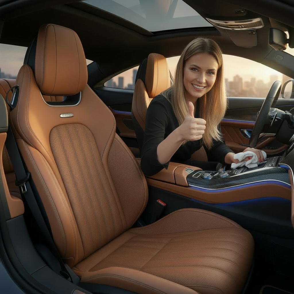 Autoleder Nachher – Beeindruckendes Reinigungsergebnis im Fahrzeug. Sauberer, tiefengepflegter Autositz nach der Anwendung der CORALUX Lederpflege für ein neuwertiges Interieur.