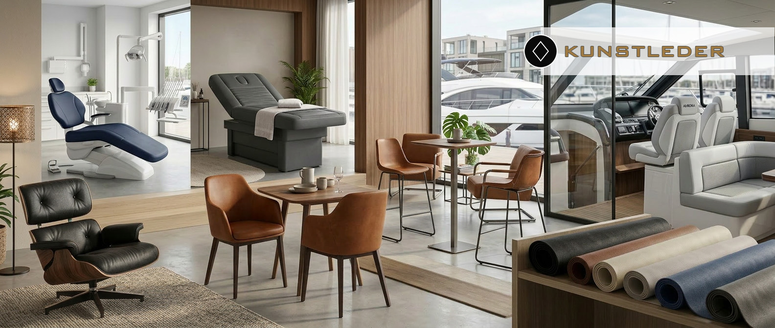 Verschiedene Einsatzbereiche für hochwertiges Kunstleder: Zahnarztstuhl, Wellnessliege, moderne Sessel und Yacht-Interieur.