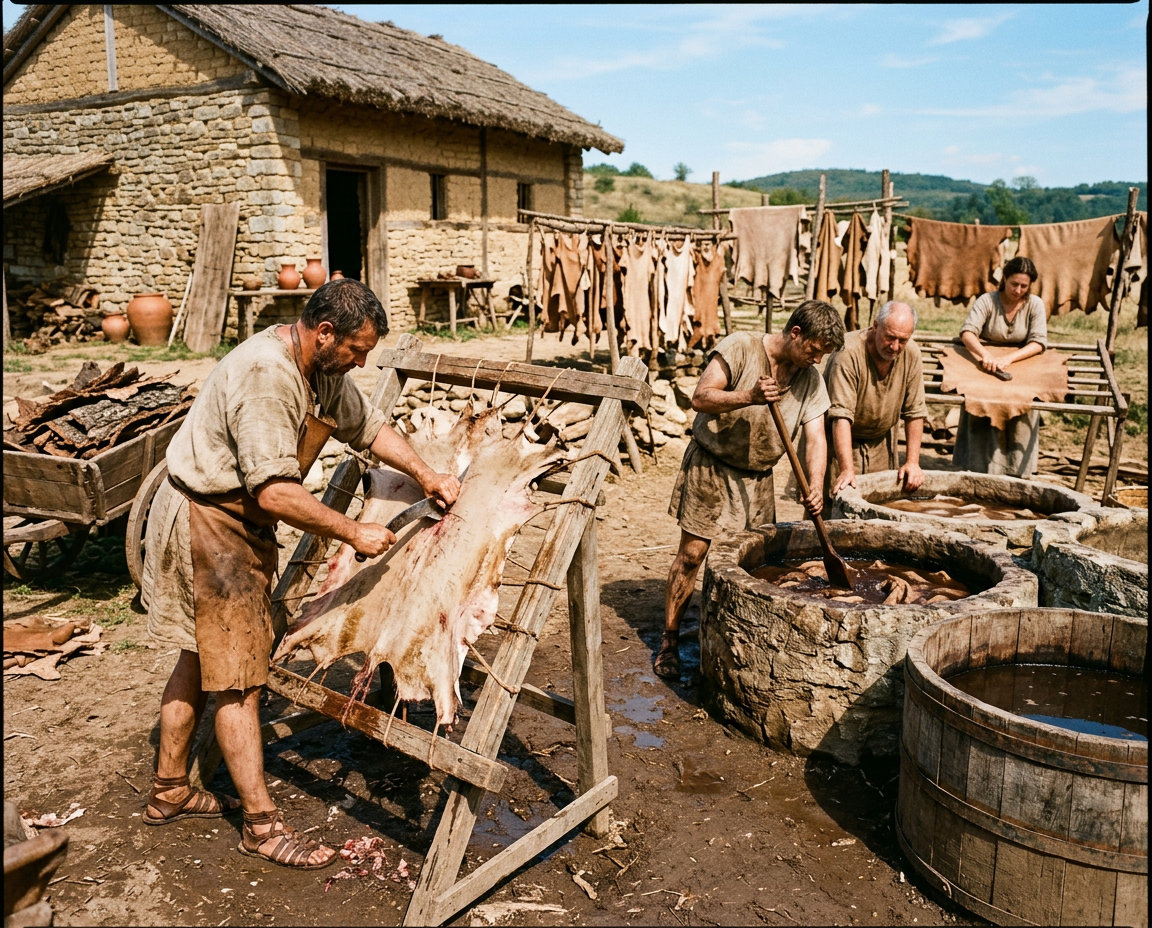 Historische Lederherstellung: Wie Tierhäute in der Antike durch traditionelle Gerbung haltbar gemacht wurden. Traditionelle Ledergerbung in der Antike: Bearbeitung von Tierhäuten am Rahmen und Trocknung im Freien.