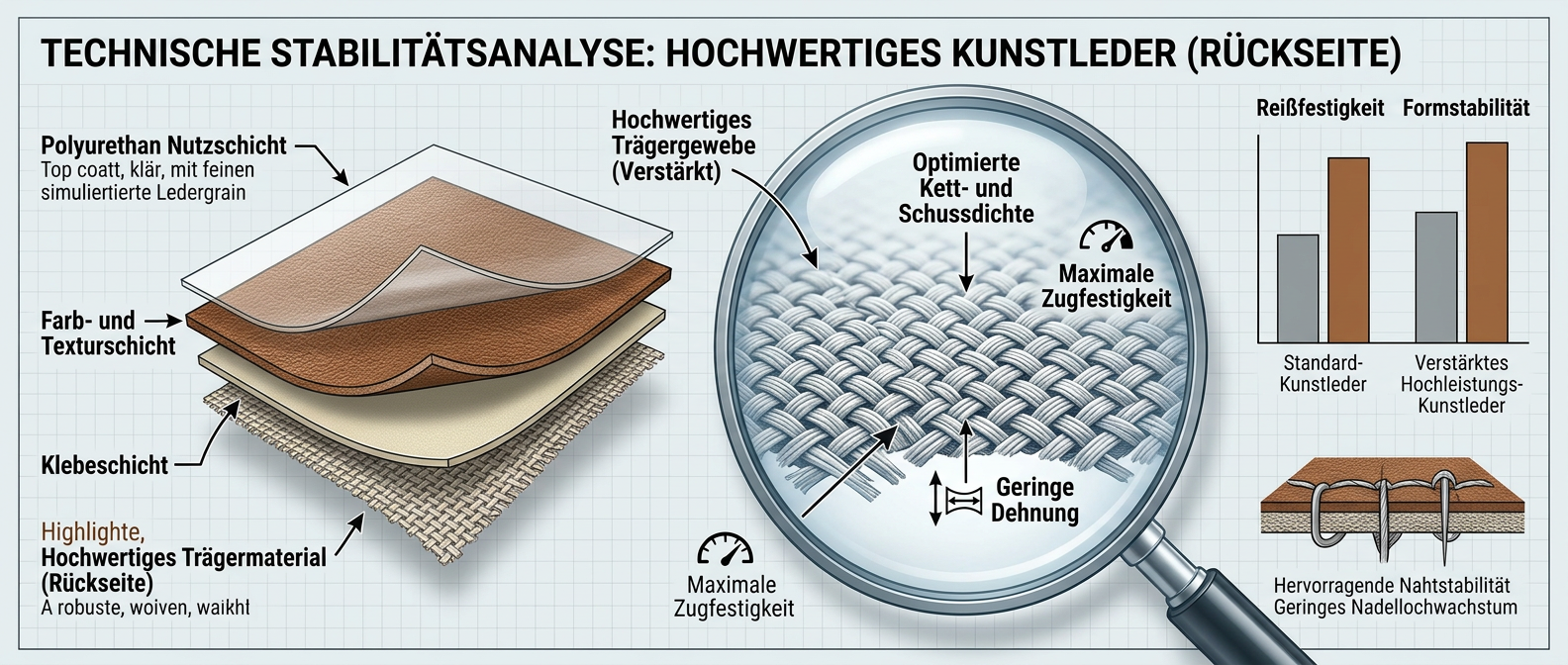 High-Tech Kunstleder 2.0: Mehrschicht-System mit robustem Trägergewebe für maximale Reißfestigkeit und Belastbarkeit.
