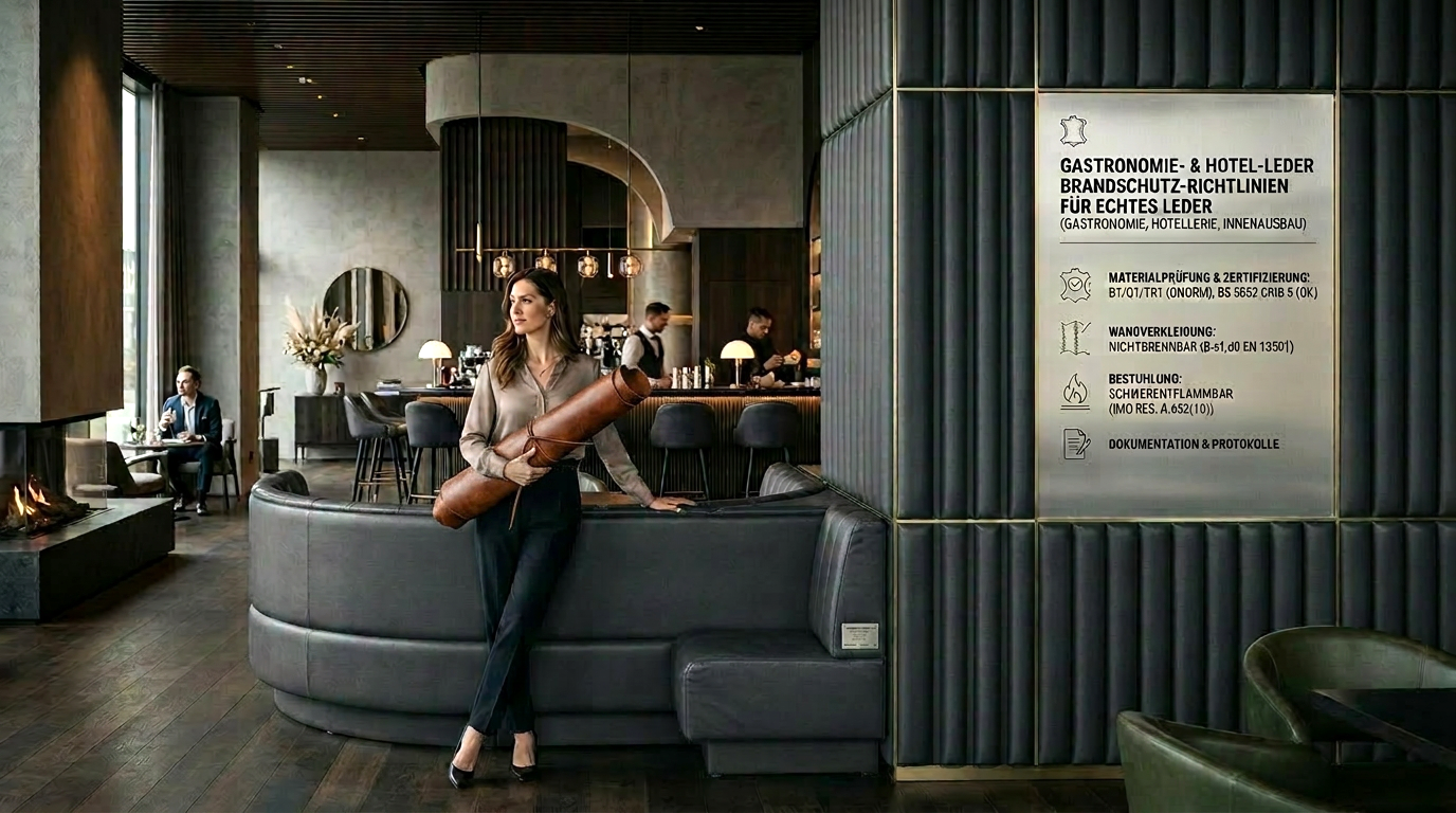 Exklusive Hotel Lounge mit flammhemmend gepolsterten Wandpaneelen und einer geschwungenen Ledersitzbank nach DIN 4102 B1