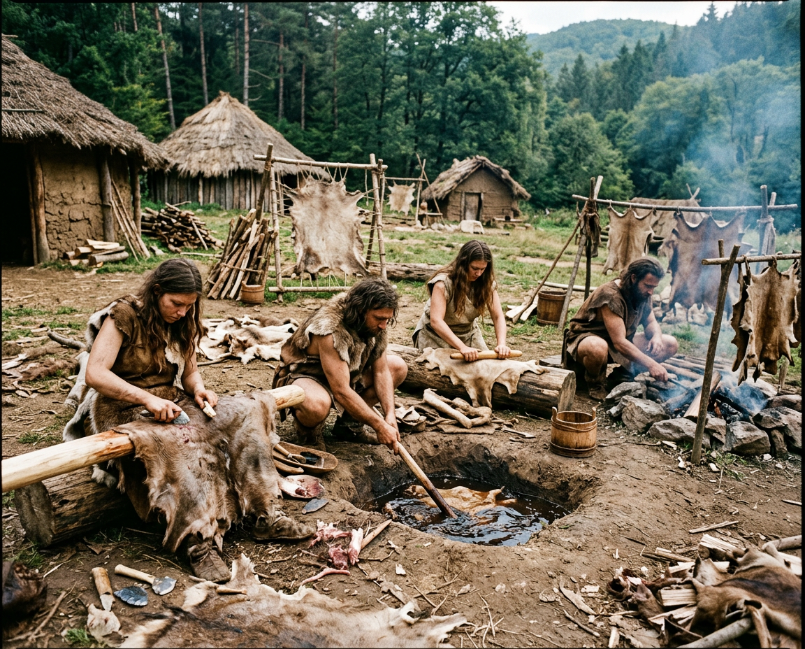 Lederherstellung in der Steinzeit: Frühe Gerbmethoden von Tierhäuten für hochwertiges Leder im Handwerk. Steinzeitliche Lederherstellung: Menschen bearbeiten Tierhäute vor Strohhütten durch traditionelle Ledergerbung.