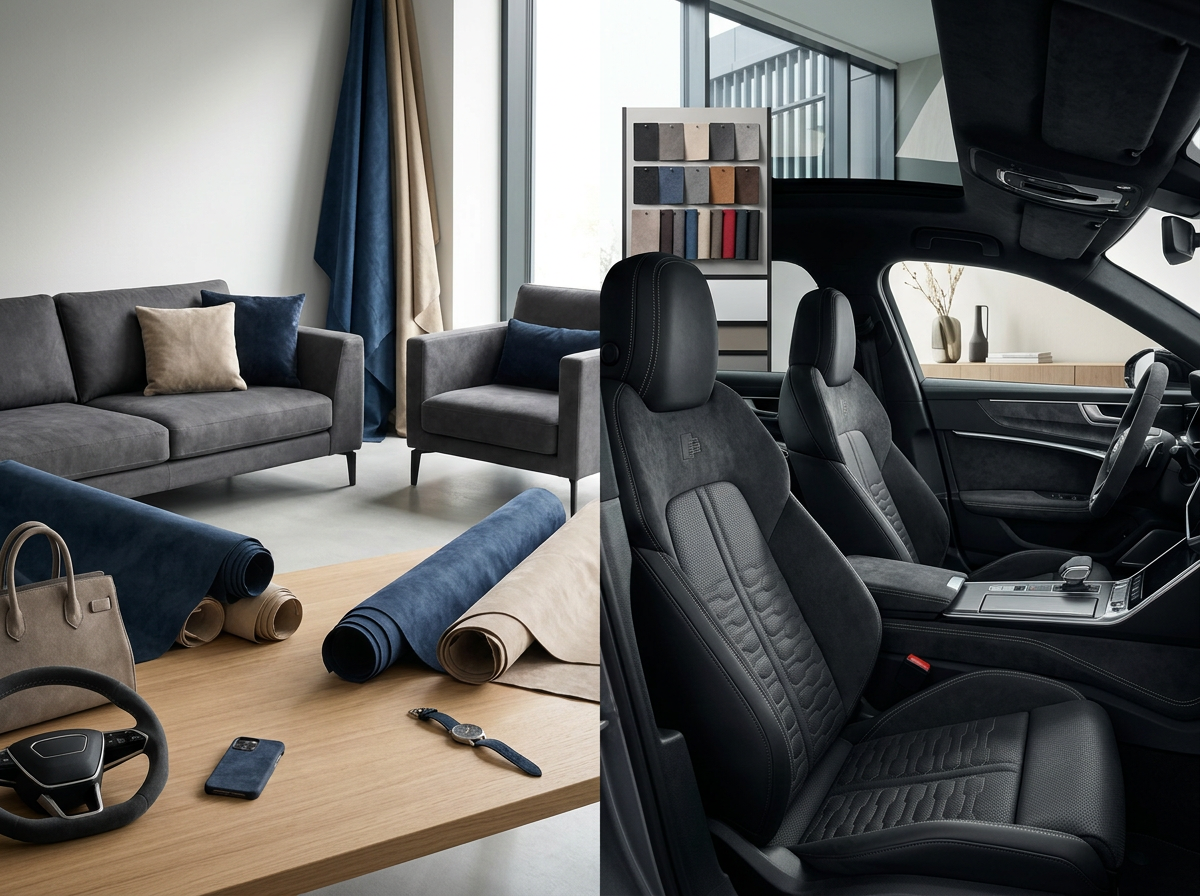 Einsatzgebiete von Alcantara: Von Automotive bis Home Kreative Anwendungsbeispiele für Alcantara in den Bereichen Fahrzeugausstattung, Wohnraumdesign und hochwertige Textilaccessoires.