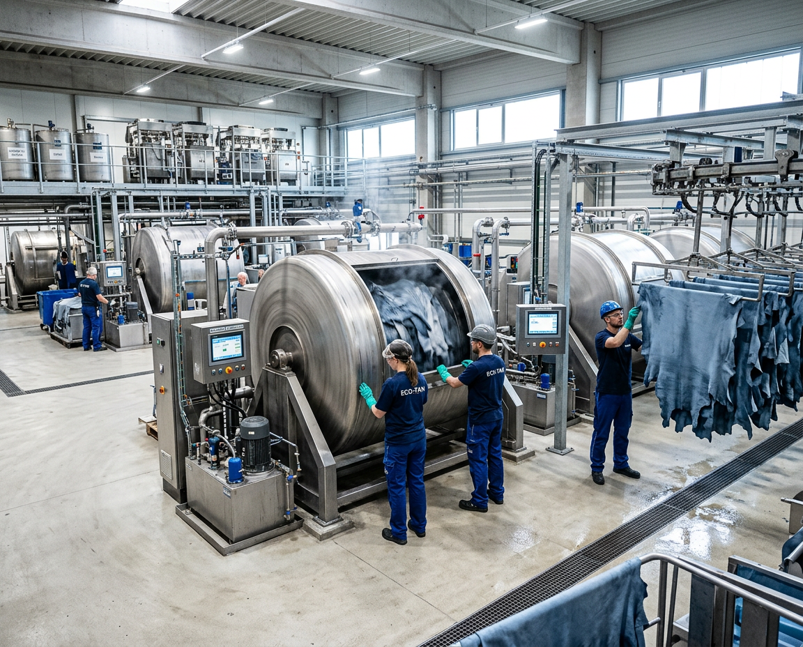 Nachhaltige Lederherstellung: Einblick in eine moderne, umweltgerechte Gerberei für hochwertige Echtleder-Produkte. Moderne, umweltgerechte Ledergerberei mit Edelstahltrommeln und Facharbeitern für nachhaltige Lederherstellung.