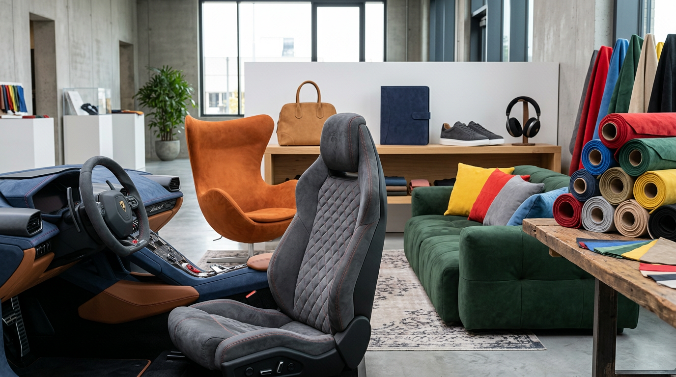 Alcantara Einsatzmöglichkeiten in Interieur und Mode Ein Showroom präsentiert die Vielfalt von Alcantara: Vom sportlichen Autositz über Polstermöbel bis hin zu modischen Accessoires.