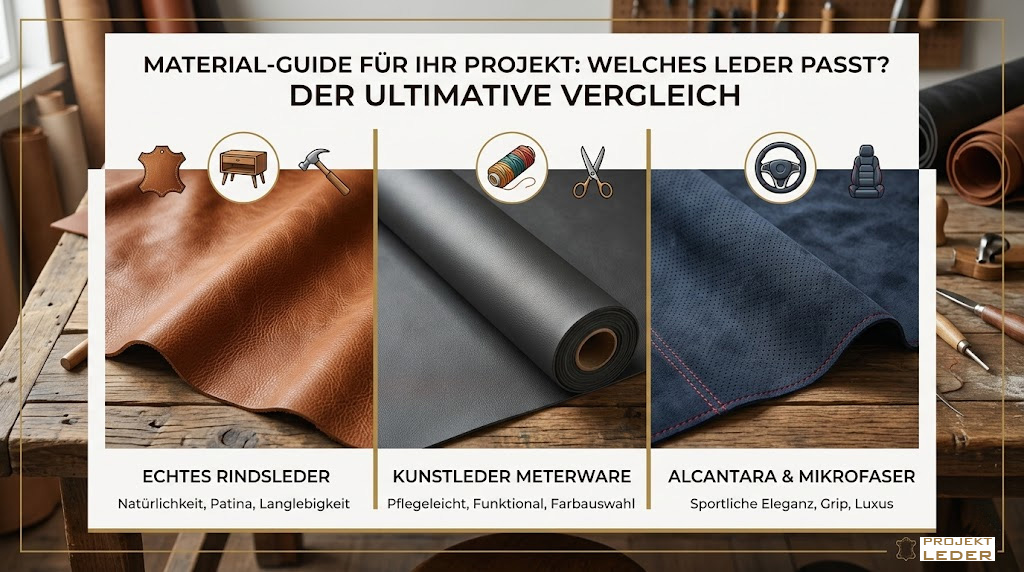Der ultimative Material-Guide: Rindsleder, Kunstleder und Alcantara im Vergleich Vergleich von echtem Rindsleder, Kunstleder als Meterware und Alcantara für Polsterarbeiten und KFZ-Tuning.