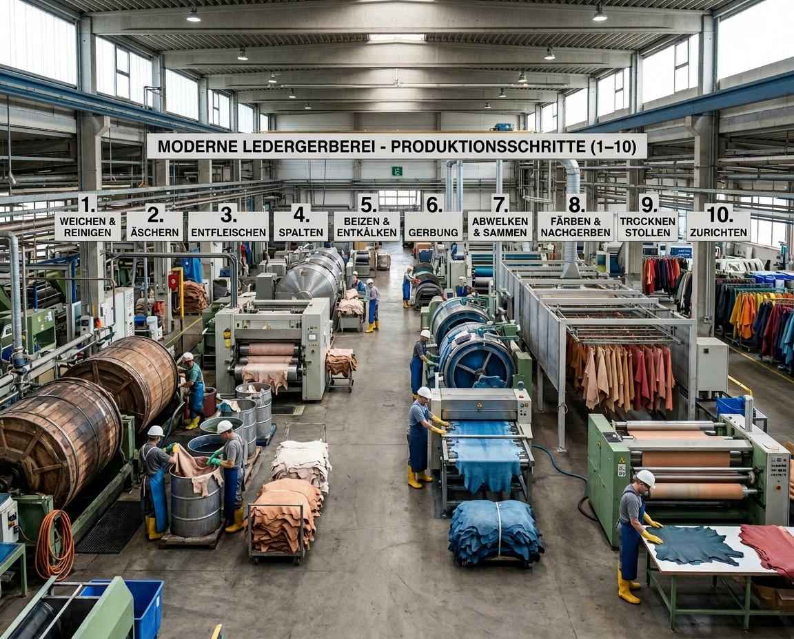 Einblick in eine moderne Ledergerberei: Verschiedene Arbeitsschritte der Herstellung von hochwertigem Echtleder.
