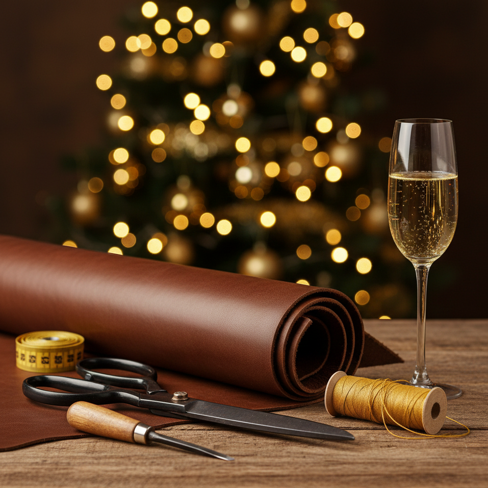 Festliche Szene: Braunes Echtleder, Schere und Ahle auf einem Holztisch vor einem geschmückten Weihnachtsbaum mit Lichtern. Ein Glas Champagner steht bereit.