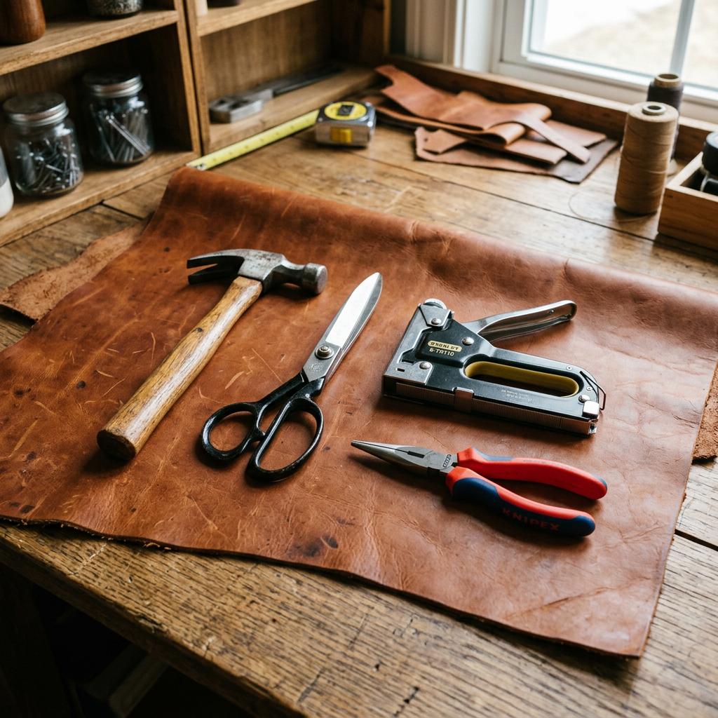 Lederwerkzeug Set für Profis und DIY: Hochwertiges Werkzeug zur Bearbeitung von Echtleder auf dem Werktisch. Profi Lederwerkzeug Set mit Schere, Hammer, Tacker und Zange auf einer braunen Echtlederhaut in der Werkstatt.