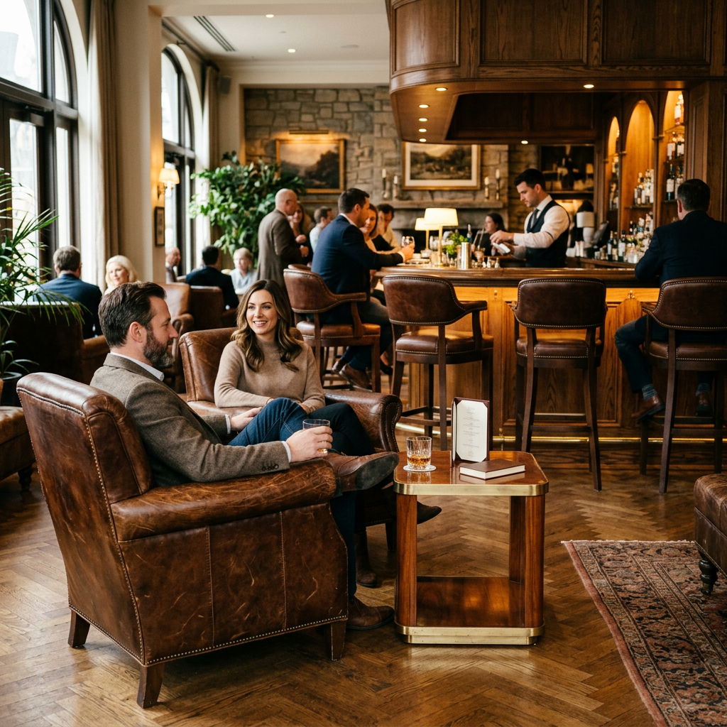 Klassische Hotellobby mit eleganten Barhockern an der Holzbar und gemuetlichen Clubsesseln aus braunem Objektleder