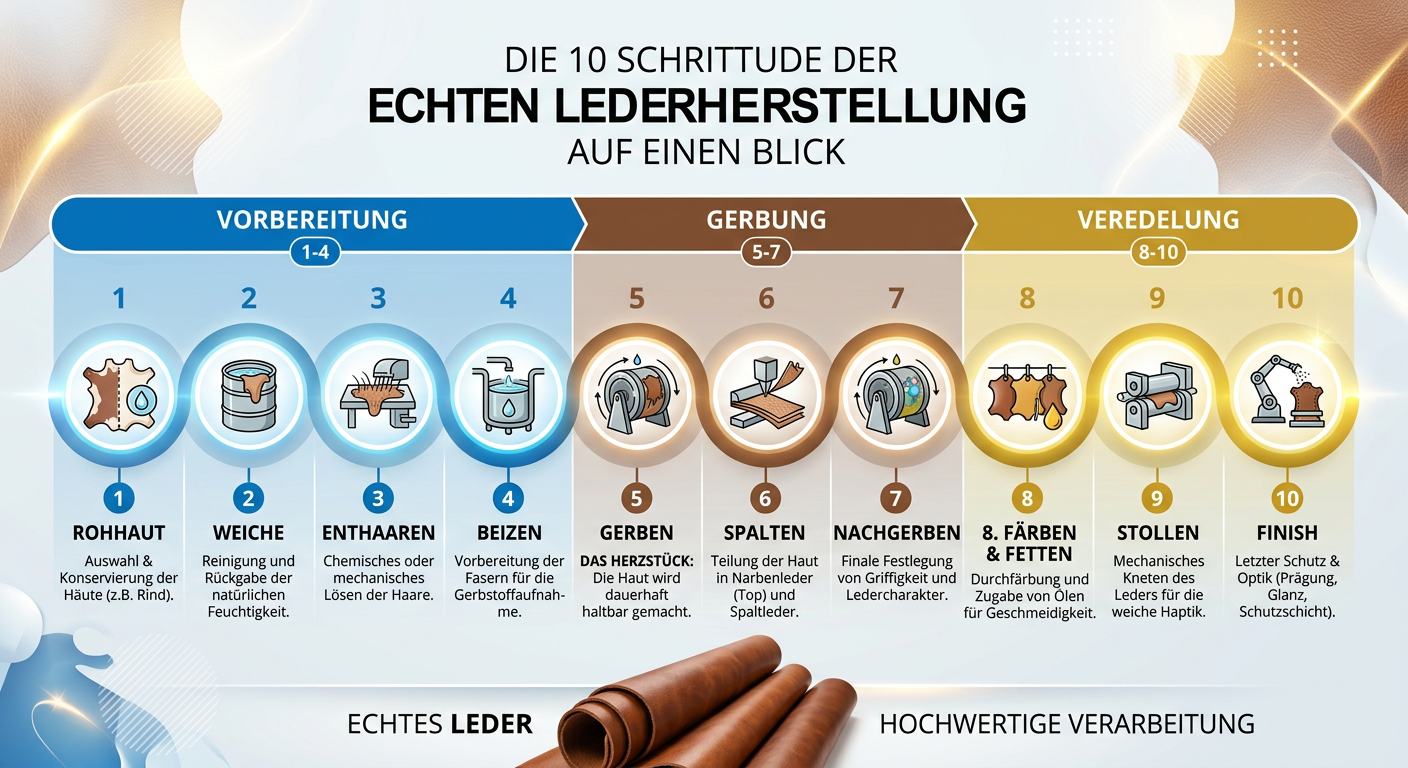Infografik: Die 10 Schritte der echten Lederherstellung von der Rohhaut bis zum fertigen Finish.