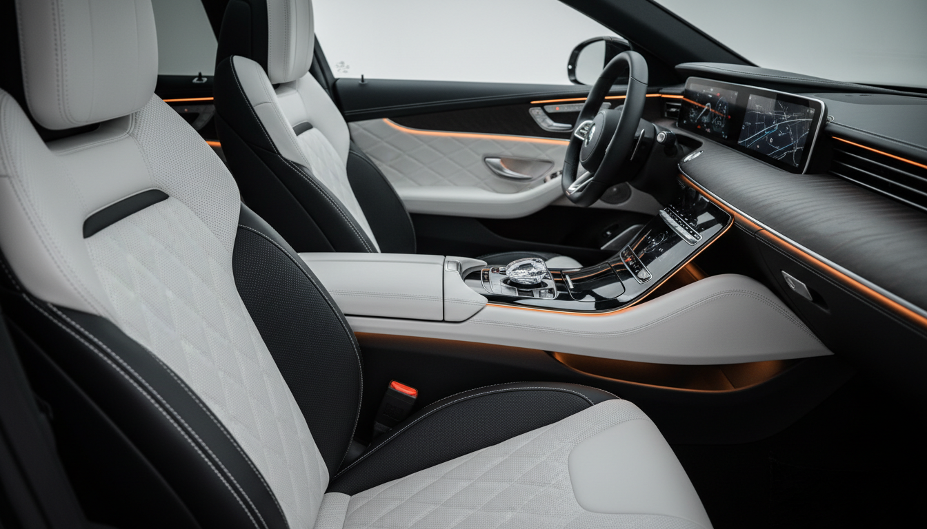Premium OEM-Autoleder: Zweifarbiges Interieur mit exklusiver Rautensteppung OEM-Autoleder in Bicolor-Optik: Perforierte Autositze mit Rautensteppung und Ambientelicht im modernen Cockpit.