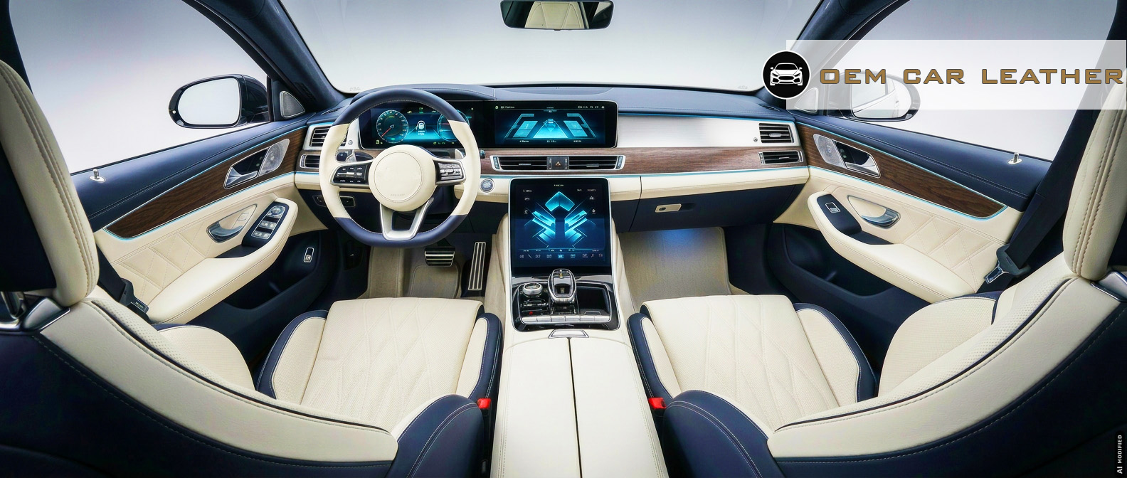 Hochwertig verarbeitete Ledersitze und Armaturenbrett in zweifarbigem Design für professionelle Autoveredelung.
