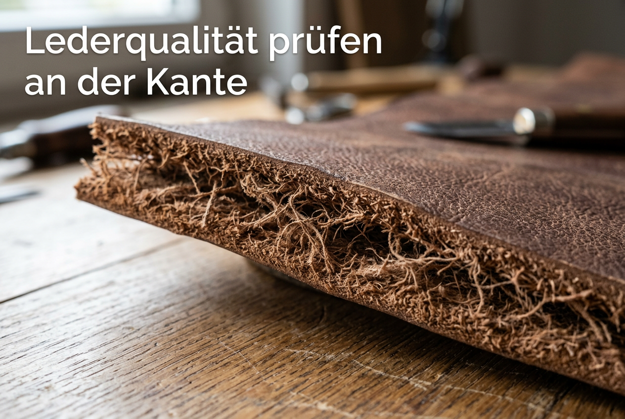 Lederqualität prüfen an der Kante Schnittkante von echtem Leder mit Fasern