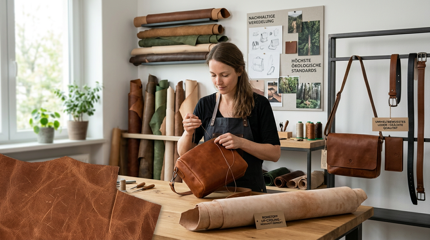 Frau vernäht handwerklich eine Tasche aus nachhaltigem Leder in einer Werkstatt für höchste Qualitätsstandards.