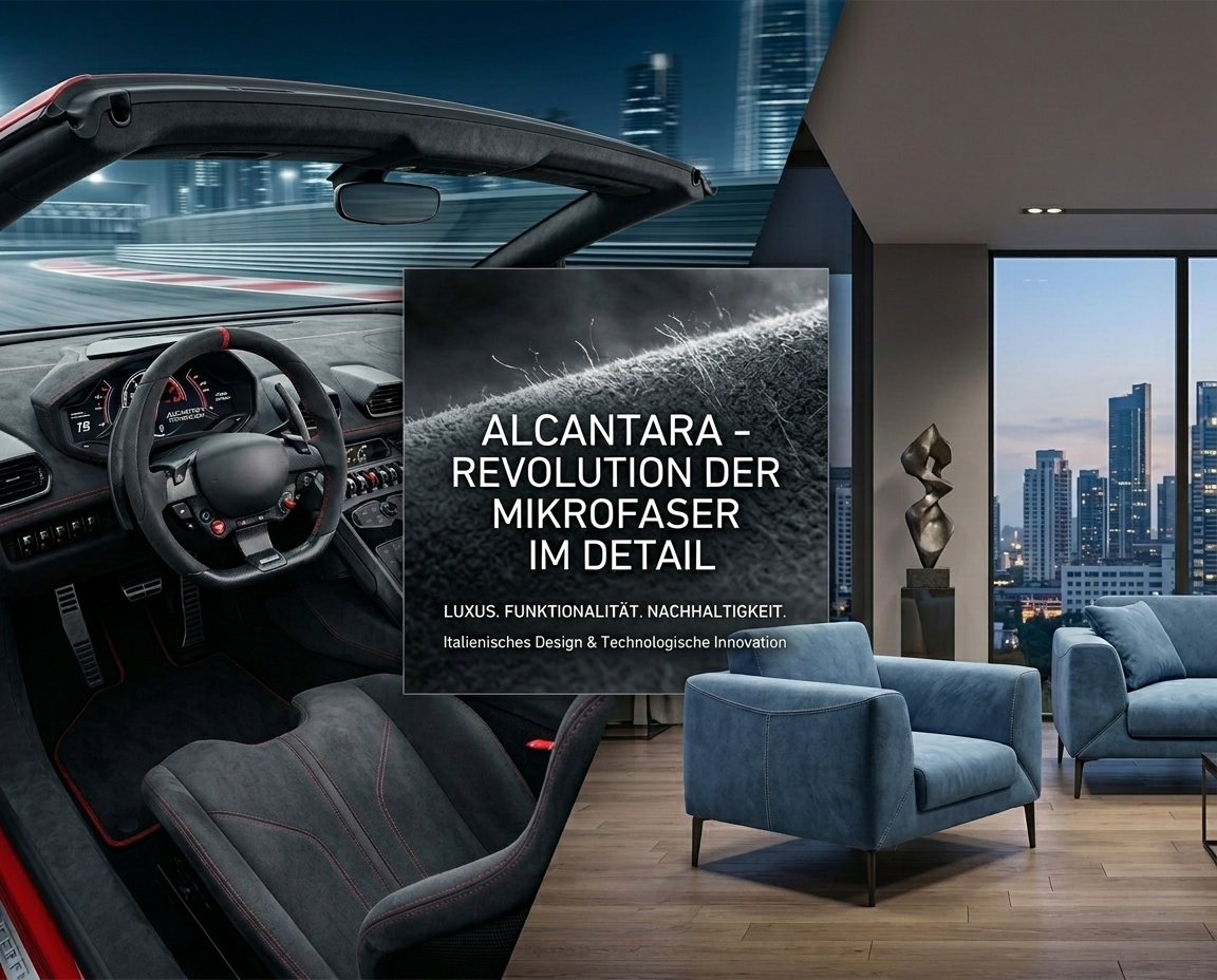Ein vierteiliges Collagen-Bild illustriert die Alcantara-Revolution: Von der detaillierten Faserstruktur bis zur Anwendung in Luxussportwagen und modernen Wohnräumen.