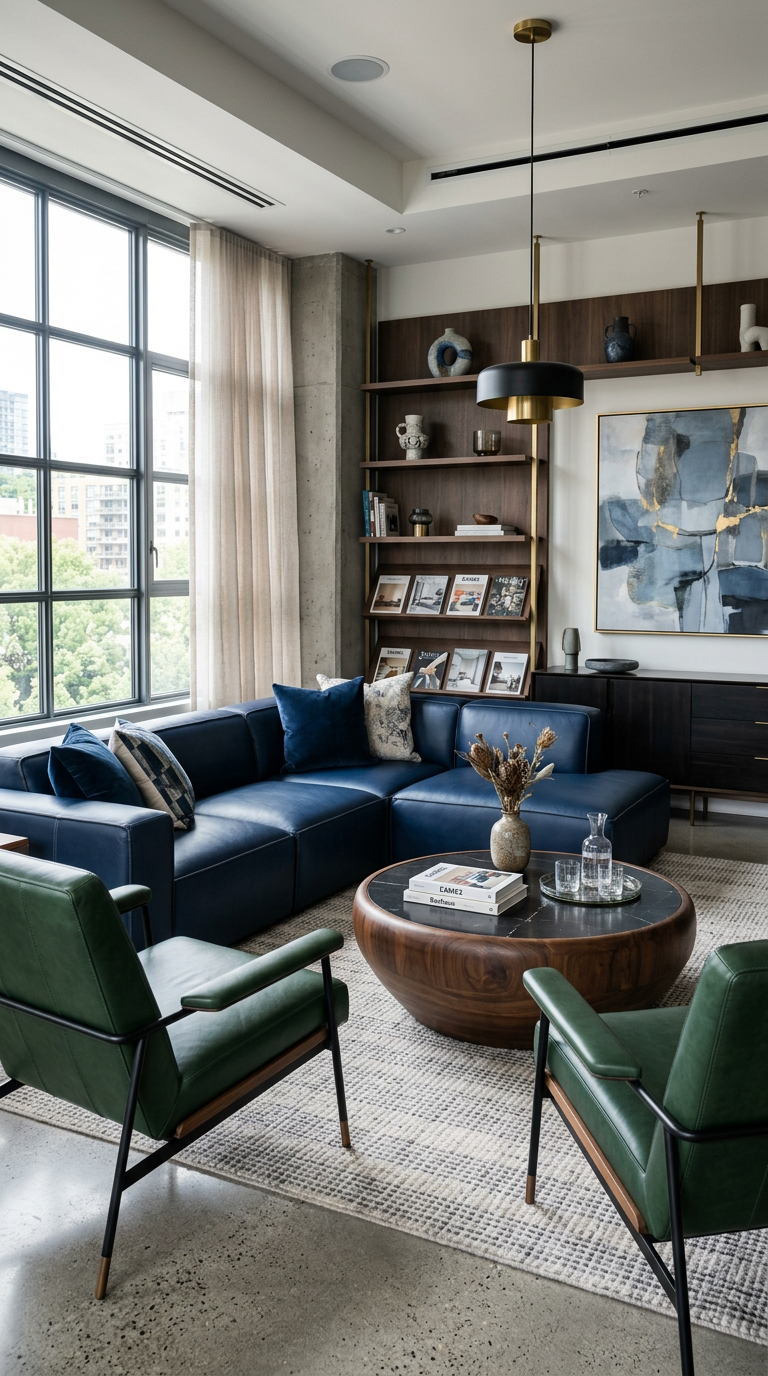 Leder fuer exklusive Raumausstattung und Interior Design Modernes Loft Wohnzimmer mit einem eleganten Ecksofa aus blauem Polsterleder und Design Sessel in Waldgruen