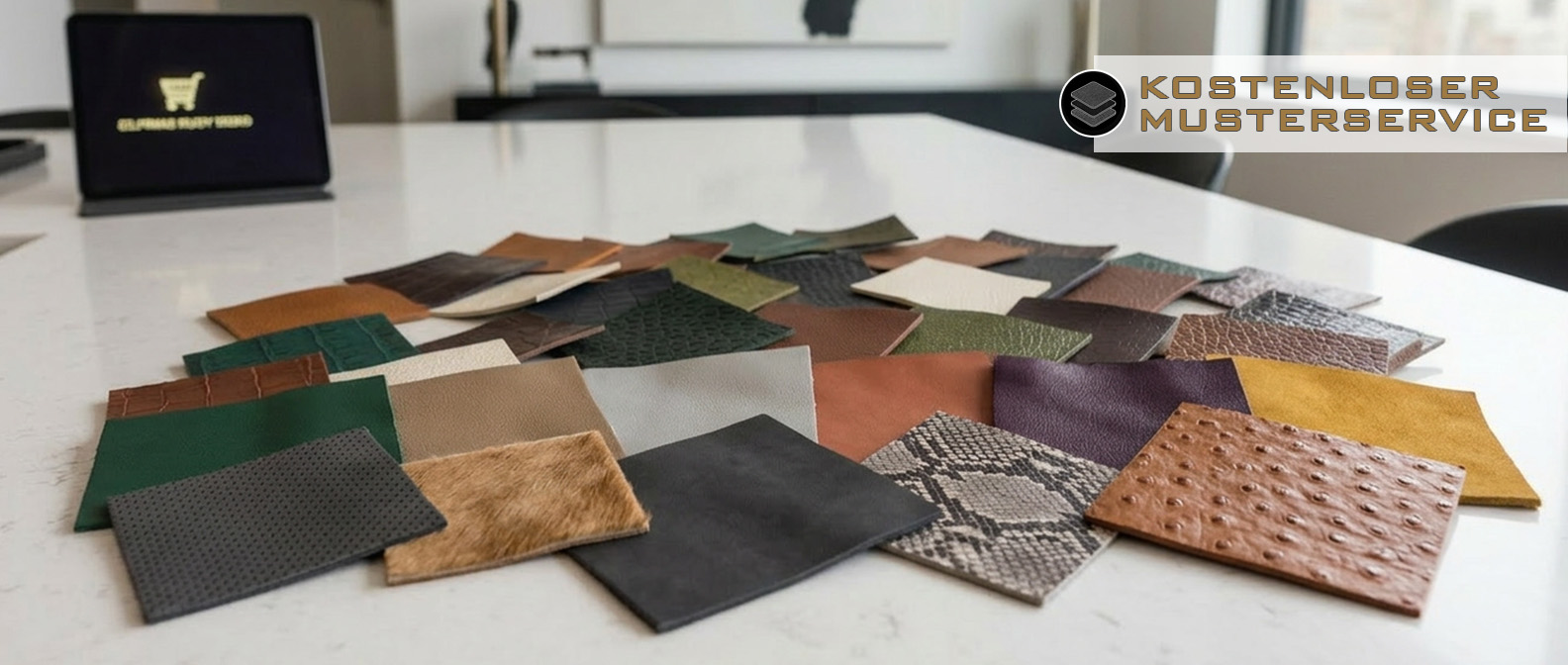 Vielfältige Echtledermuster in verschiedenen Farben und Strukturen zur Auswahl für individuelle Projekte.