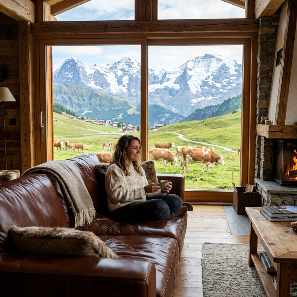 Echtes Rindsleder für Ihr Sofa: Entdecken Sie die Robustheit und Haptik von Polsterleder für langlebige Möbel. Frau auf braunem Rindsleder Sofa mit Bergblick. Hochwertiges Polsterleder für Ihr DIY Vorhaben und Möbelbau.
