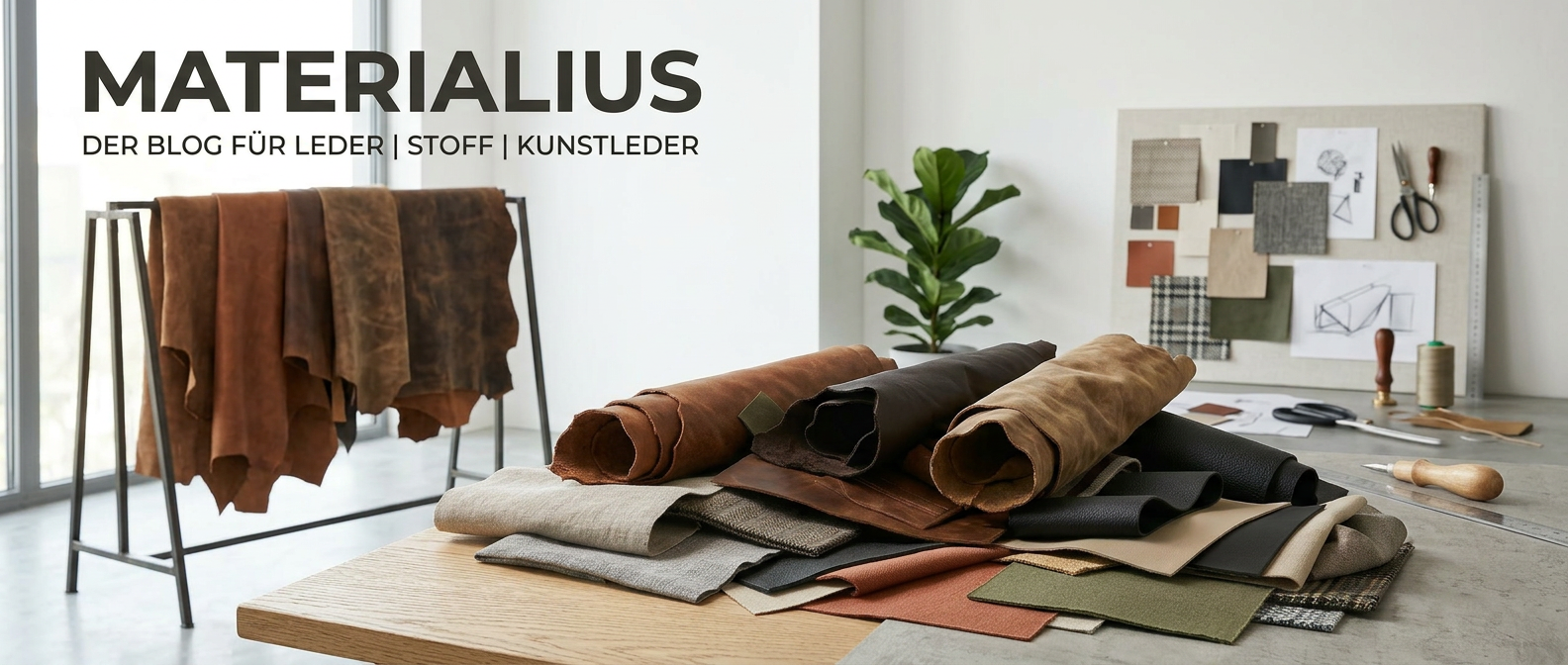 Materialius – Blog für Leder, Stoff und Kunstleder Werkstatt-Tisch mit aufgerollten Lederhäuten, Stoffmustern und Kunstleder, daneben ein Ständer mit hängenden Lederhäuten – Headerbild des Materialius-Blogs für Leder, Stoff und Kunstleder