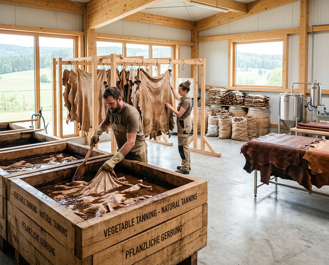 Ökologische Lederherstellung: Moderne Gerberei nutzt pflanzliche Gerbung für nachhaltige und hochwertige Tierhäute. Moderne Gerberei für pflanzliche Gerbung: Arbeiter verarbeiten Tierhäute in Holzbottichen mit Naturgerbstoffen.
