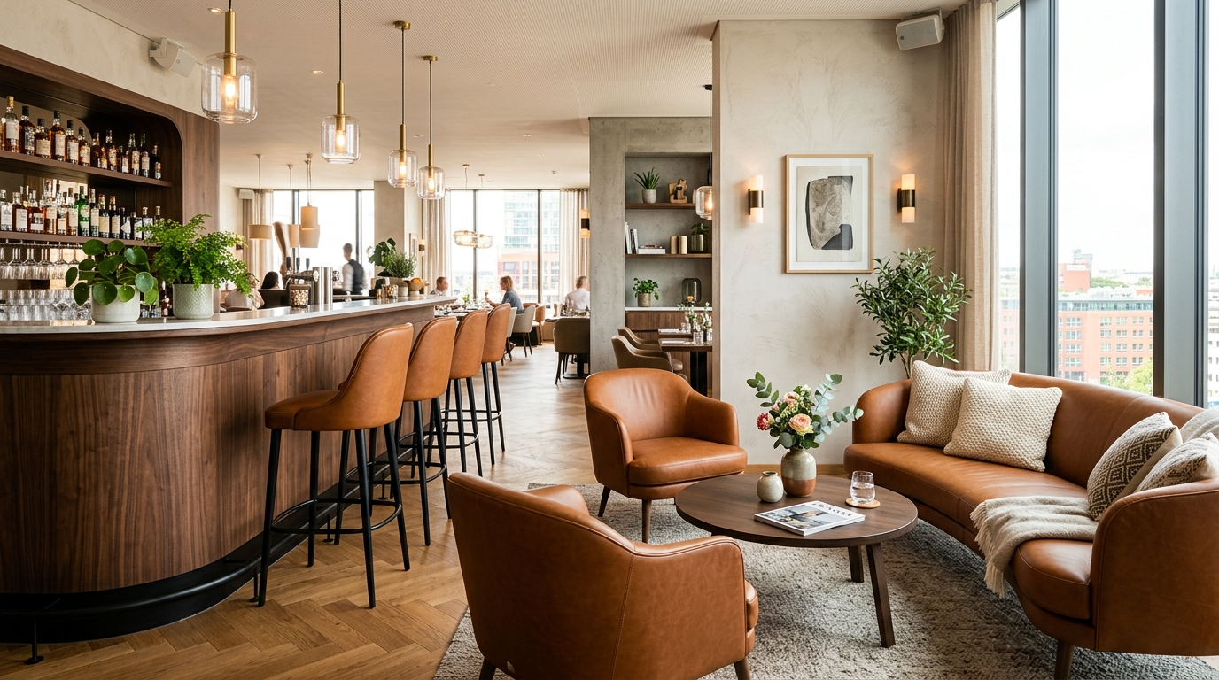 Moderne Hotel-Lounge mit Barhockern aus strapazierfähigem Kunstleder 2.0 für höchste Gastronomie-Ansprüche.