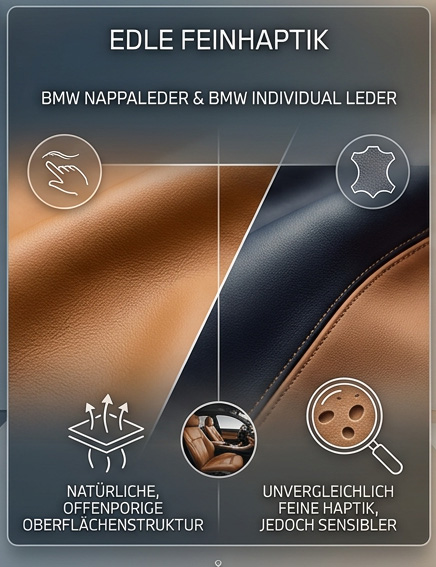 BMW Nappaleder & Individual Leder: Natürliche, offenporige Oberflächenstruktur für feine Haptik auf projektleder.de Edles BMW Nappaleder und Individual Leder mit natürlicher, offenporiger Oberflächenstruktur für feine Haptik.