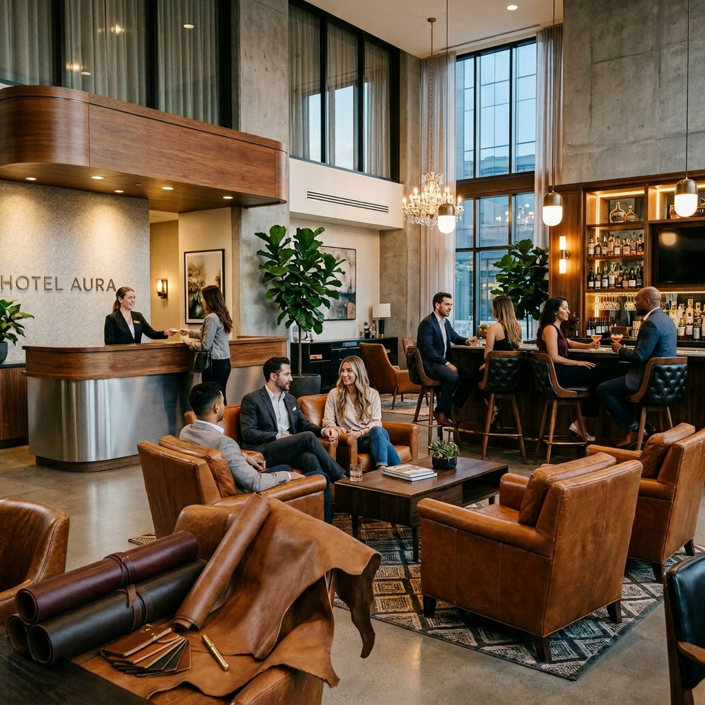Exklusive Hotellobby mit einer Auswahl an offenen und gerollten Echtlederhaeuten sowie Farbmustern fuer Polstermoebel im Vordergrund