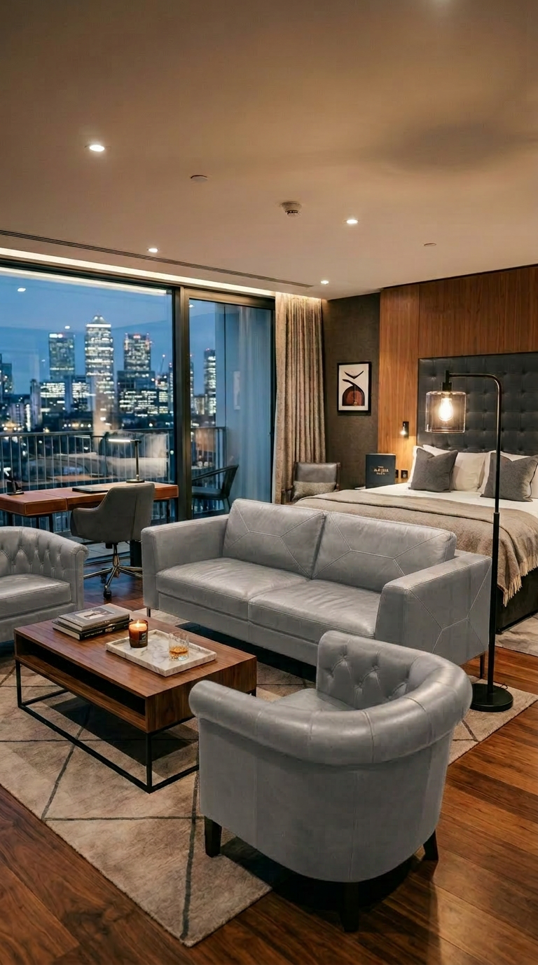 Exklusive Hotel Suite mit einer modernen Sitzecke aus hellgrauem Objektleder und Blick auf die Skyline bei Nacht
