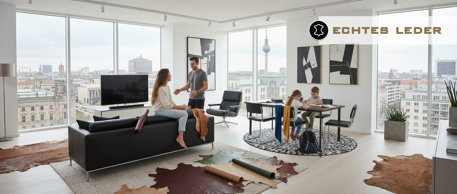 Eine Familie in einem hellen Penthouse mit Berlin-Blick begutachtet verschiedene Echtlederhäute für ein gemeinsames Projekt.