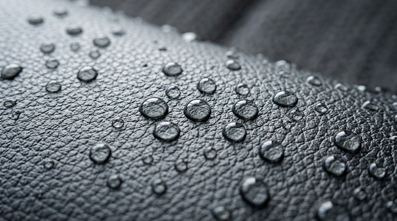 Wasserabweisendes Kunstleder 2.0 in Schwarz: Lotus-Effekt durch innovative Oberflächenversiegelung für Polstermöbel.