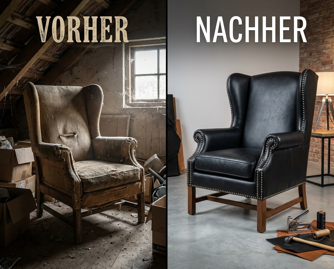 Vorher-Nachher Vergleich einer Sessel-Restauration mit schwarzem Echtleder und dekorativen Polsternägeln.