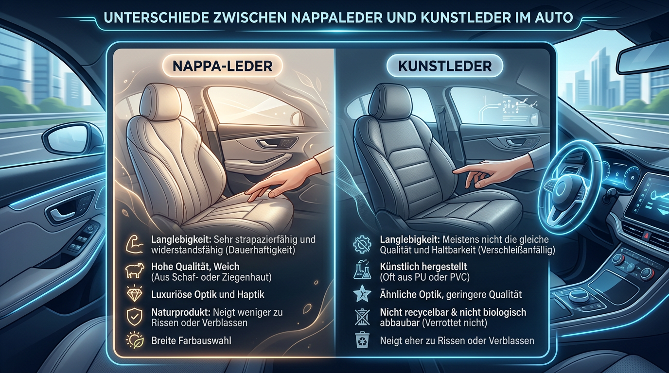Vergleich: Nappaleder vs. Kunstleder im Auto. Vorteile wie Langlebigkeit und kopfgefärbtes Leder grafisch erklärt.