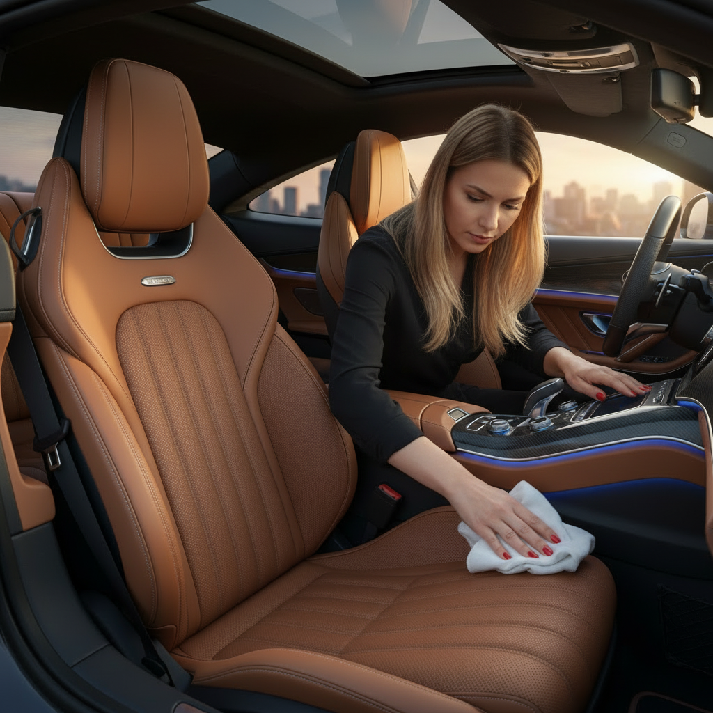 Autoleder Vorher – Sichtbare Verschmutzungen auf den Fahrzeugsitzen. Verschmutzter Autositz mit Flecken und Gebrauchsspuren vor der Reinigung mit dem CORALUX Lederpflege-Set.