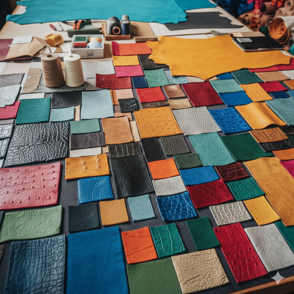 Ledermuster & Proben – Prüfen Sie Haptik und Farbe bequem vor dem Kauf. Hochwertige Ledermuster und Farbmuster von Echtleder, Kunstleder und Alcantara für Polsterarbeiten und Handwerk online anfordern.