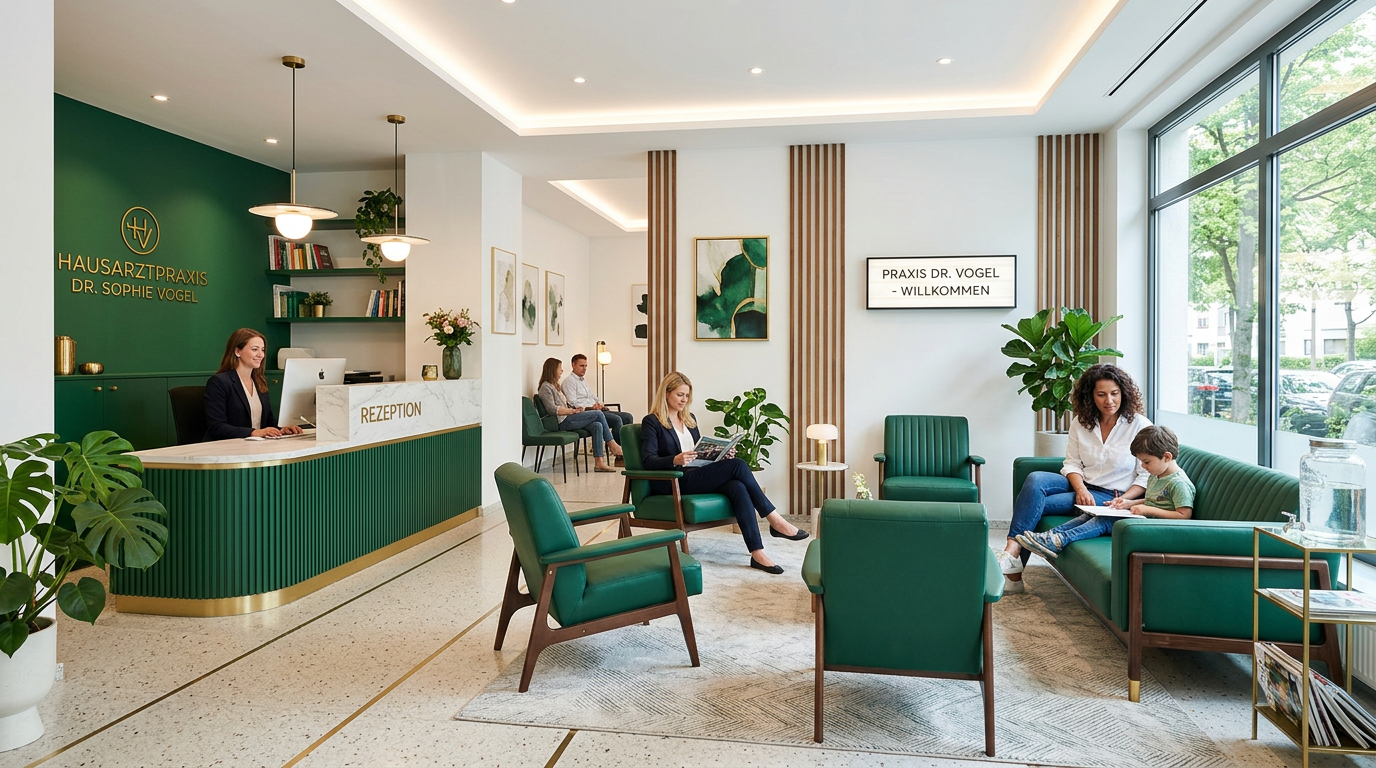 Arztpraxis Wartebereich mit desinfektionsmittelbeständigem Kunstleder 2.0 Polsterung für höchste Hygieneanforderungen.